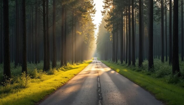 Empty asphalt road runs through tall pine forest with sunbeams illuminating green grass. Scenic path leads into wilderness, inviting adventure and travel. Nature scene.