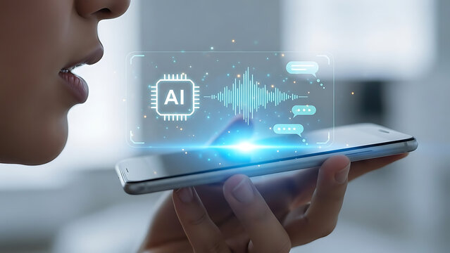 AI voice assistant on smartphone with sound wave visualization representing speech recognition technology and digital interface