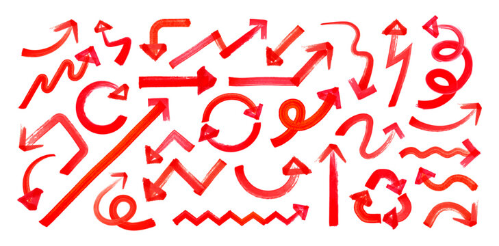 手書きマーカーペン矢印セット 赤ブラシストローク強調ラインベクター Hand Drawn Marker Arrow Set Red Brush Stroke Arrows