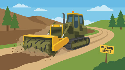Flat vector of a mechanical demining flail vehicle clearing a rural dirt road © Bima