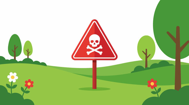 Conceptual vector design showing a red danger sign with a skull and crossbones icon in a grassy landscape