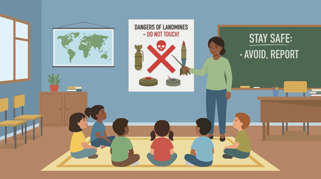 Vector scene of a classroom with a teacher educating children about the dangers of landmines