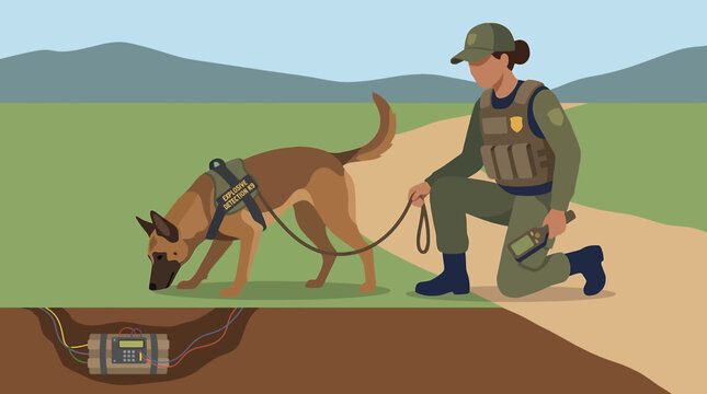 Illustration of a specially trained sniffer dog detecting underground explosives with its handler