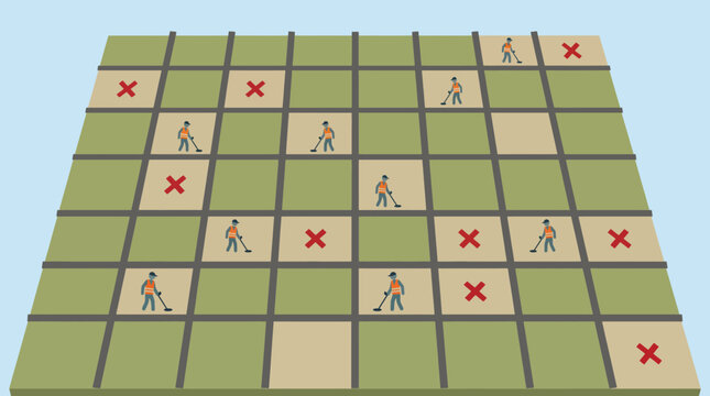 High-angle vector view of a grid-marked field for systematic mine clearance operations