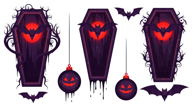 Halloween pixel art coffins, bats, and jack-o-lanterns on white background