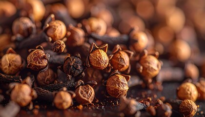 Obraz premium Extremely close-up view of golden dried seed heads or flower buds, showcasing intricate natural textures and warm, soft lighting.