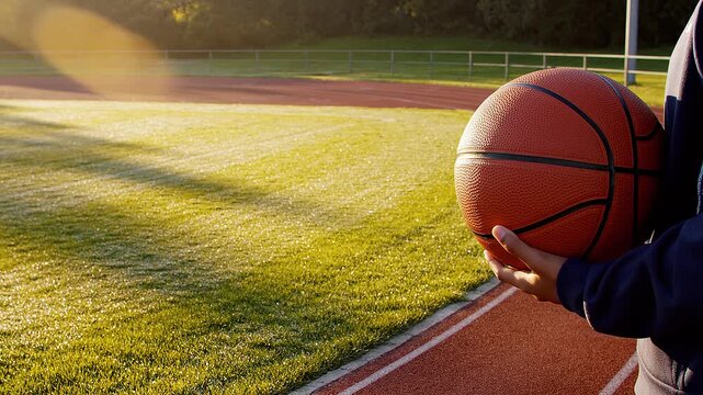 Basketball on Outdoor Court with Golden Hour Lighting Sports and Activity Concept