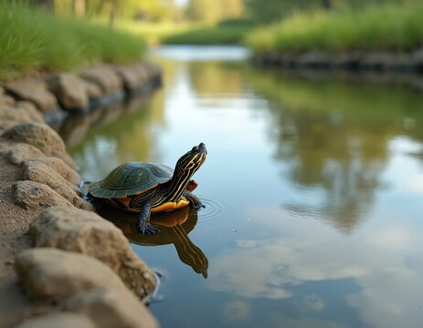 Small turtle rests near pond edge. Green aquatic reptile sits by water, looking up. Peaceful park scene with natural pond and shoreline rocks. Calm nature wildlife.