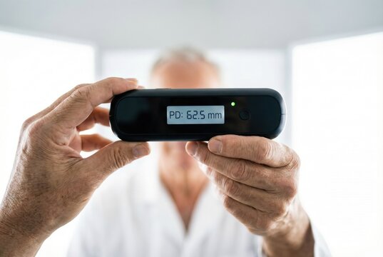 Optometrist holding a digital pupillary distance measuring device over patient eyes