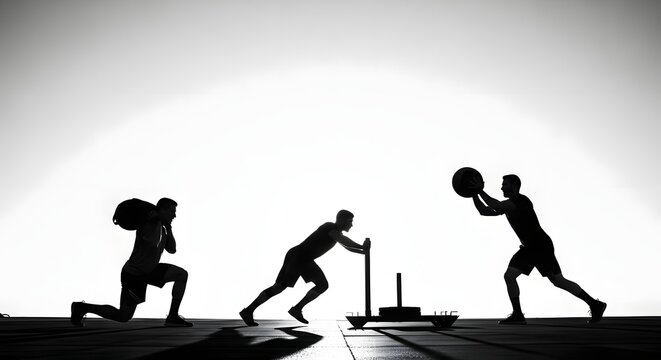 Athlete Silhouettes Performing Functional Fitness Exercises with Sandbag Lunges Sled Push and Medicine Ball Throw
