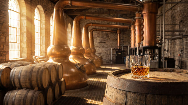 The scene shows a whiskey distillery with large copper stills and barrels stacked along the wall. A glass filled with whiskey sits on a wooden barrel as sunlight filters in through tall windows