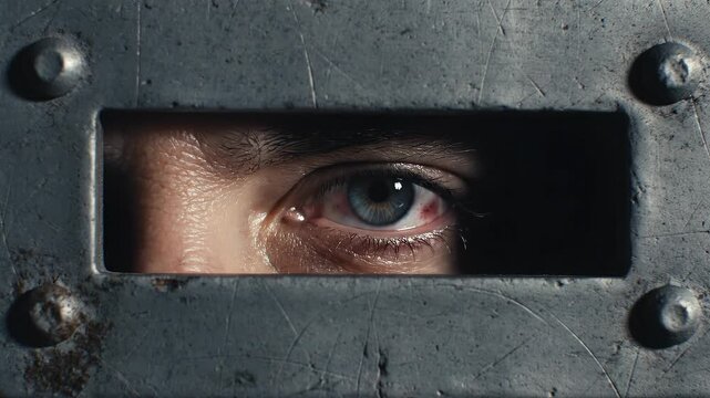 Bloodshot Blue Eye Looking Through Rectangular Viewing Slot Of Heavy Metal Door
