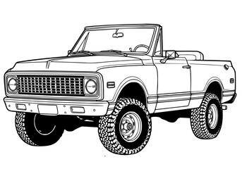 Vintage Convertible 4x4 Off-Road SUV Line Art - Classic Open Top Retro Truck Illustration Vector © создать 8 углов