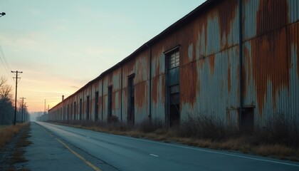 Fototapeta premium Long abandoned warehouse with rusty metal siding stretches along empty road. Overgrown weeds and dry grass surround the derelict building. Power poles line the street under a pale sky.