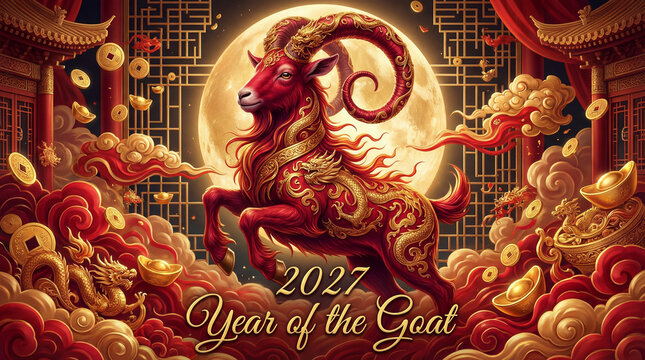 Elegant Chinese New Year 2027 Greeting Card Design with Mythical Red Goat and Lucky Charms