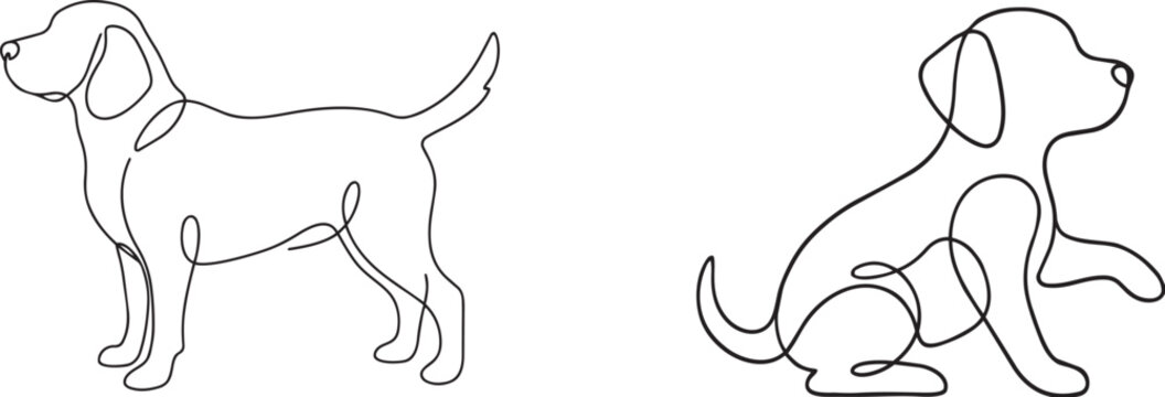 Continuous line art vector illustration set of a standing dog and a sitting puppy