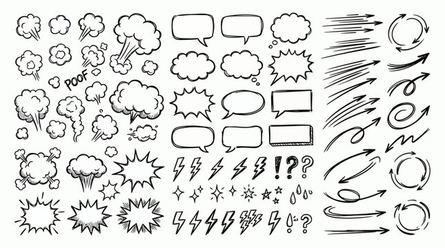 Hand drawn collection of comic speech bubbles, smoke explosions, lightning bolts and doodle arrows on white background, concept for graphic design, comic book creation and storyboard design
