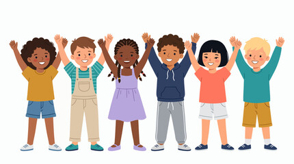 Obraz premium Diverse group of multiethnic happy children standing together with raised hands in flat cartoon style, concept for educational poster, international friendship day and kids welfare promotion