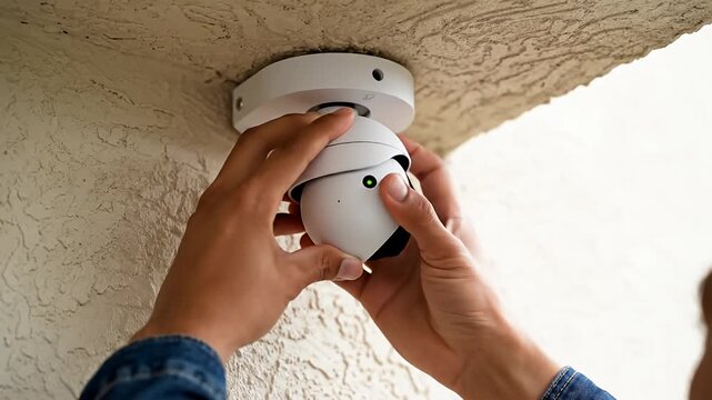 Hands installing modern smart home security camera outdoors
