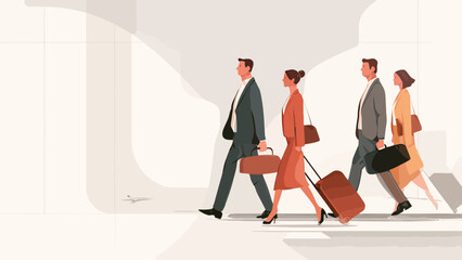 Fototapeta premium Business Travelers Walking with Luggage in Airport Terminal Illustration