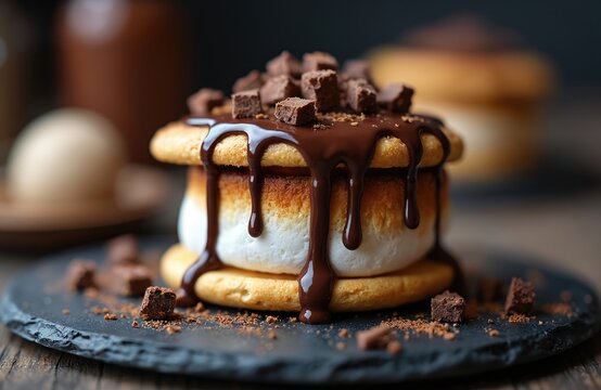 Delicious smores dessert with melted chocolate and toasted marshmallow stacked on graham crackers. This sweet treat is perfect for parties, camping or summer picnics.