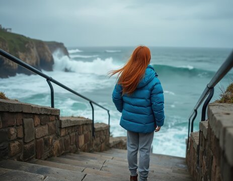 Ginger hair girl in blue puffer jacket looks at stormy sea waves from stairs. Young woman contemplates ocean on windy day near rocky cliff coast. Natural power of water on cool weather.