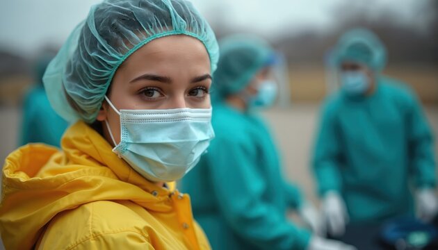 Medical personnel in protective gear work at a busy outdoor clinic. A woman in a yellow jacket and face mask looks forward. Others in blue scrubs and caps provide aid.