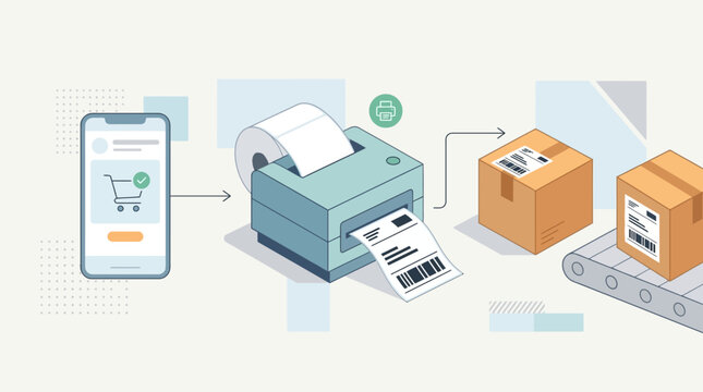 E-commerce Order Fulfillment Process Illustration with Smartphone, Thermal Label Printer, and Shipping Boxes on Conveyor Belt for Logistics and Supply Chain Workflow Concept.