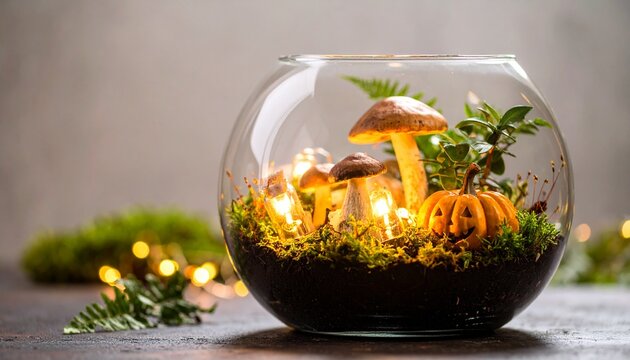 Enchanting Halloween Terrarium with Glowing Mushrooms and Jack-o'-lantern