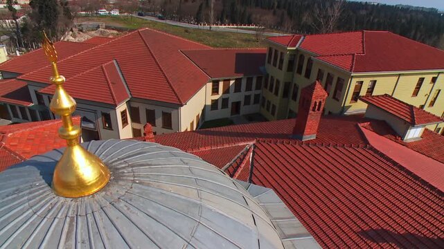 Aerial View of the Historic Wooden Roof and Domes of Yenikapi Mevlevi Lodge in Istanbul