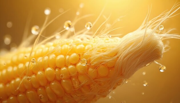 Macro shot of wet corn silk with water droplets. Golden light illuminates yellow kernels and silky threads. This detailed texture is perfect for food agriculture and harvest themes.