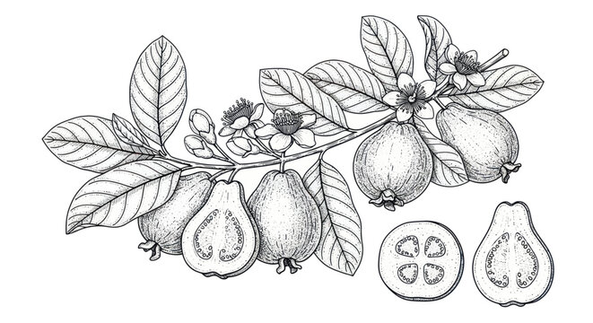 Guava Branch with Fruits, Flowers, and Leaves - Hand-Drawn Sketch