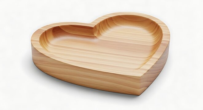 A heart-shaped wooden dish sits on a plain white background with a subtle shadow underneath.