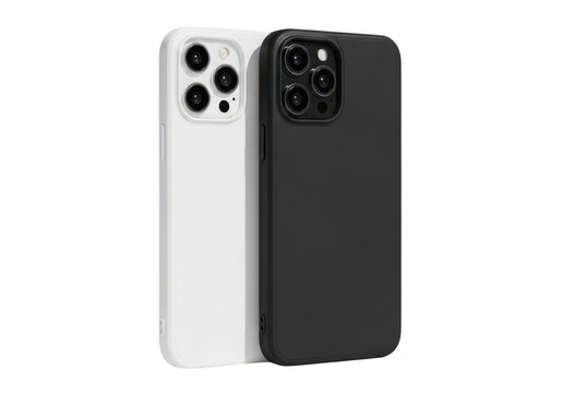 Two modern smartphone cases in black and white colors featuring a triple camera lens cutout design isolated on transparent background, png