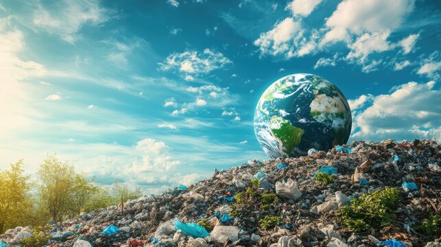 Earth globe in a landfill of plastic waste and garbage against blue sky. Environmental pollution ecology concept