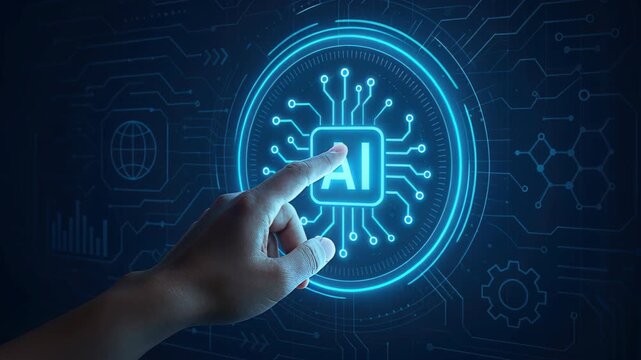 Digital Hand Interacting with AI: A human hand gently touches an illuminated AI interface, symbolizing innovation, future technology, and the power of artificial intelligence. 