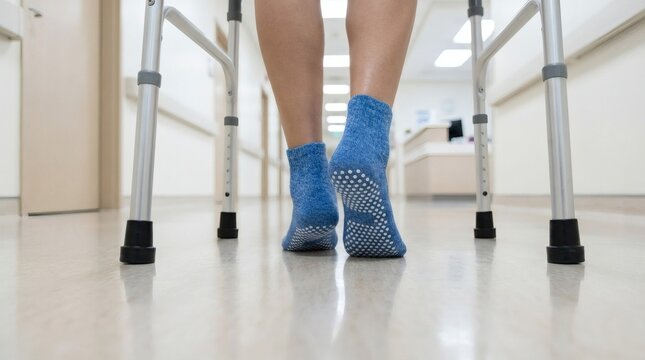 Person walking with crutches in hospital corridor wearing blue socks