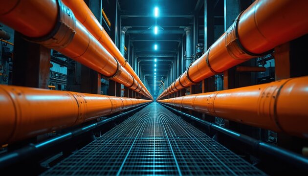 Perspective view of orange industrial pipes running along a long corridor. A metal walkway or grid floor runs parallel to the pipes. The scene is lit by overhead industrial lighting.