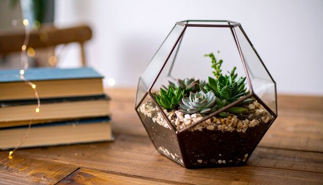 Modern geometric glass terrarium with a variety of succulents on a rustic wooden table.