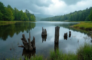 Naklejka premium Calm lake water reflects green forest treeline and overcast sky. Submerged tree stumps emerge from calm water surface. Grassy shore lines a peaceful wild nature scene.