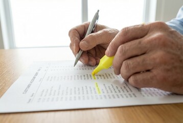 Fototapeta premium Hands of a person using a yellow marker to highlight text on a printed document