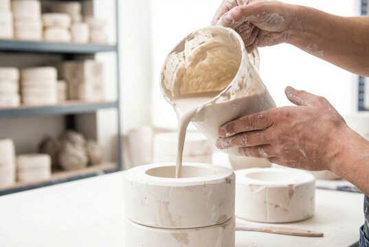 Potter pouring liquid clay slip from a pitcher into a plaster mold