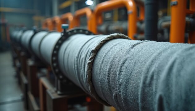 Industrial pipe shows thermal insulation wrap. Close up on textured material covering system. Energy efficiency in factory production. Pipeline heat protection in manufacturing.