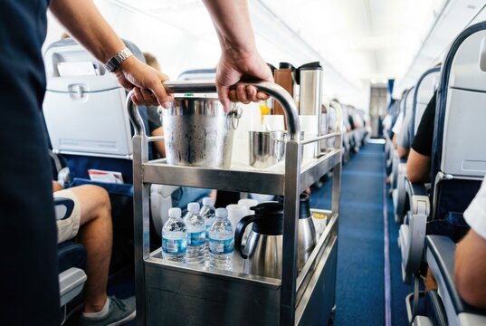 Flight attendant pushing a metal beverage service cart down the aisle of an airplane