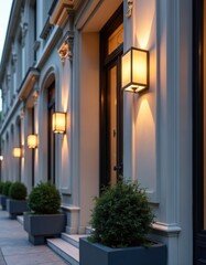 Naklejka premium Exterior of building with modern lighting fixtures illuminating entrance. Building has European architecture style and is lit in the evening. Clean urban facade details.