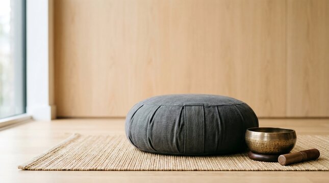 charcoal grey zafu meditation cushion and tibetan singing bowl with mallet on a natural jute mat for mindfulness practice in a bright minimalist room with wooden walls