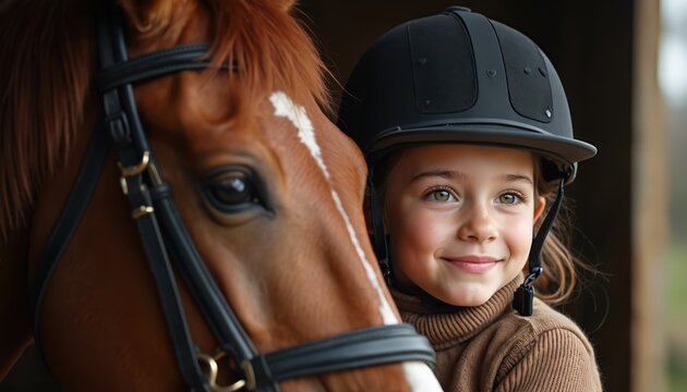 Young girl in riding helmet smiles next to horse. Child develops connection with equine animal. Girl learns horse riding hobby outdoor activity. Trust and friendship.