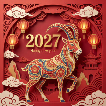 Luxury Greeting Card Background for Lunar New Year 2027 Featuring Majestic Horned Goat