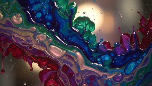 Close up view of thick glossy oil droplets on dark with light reflection
