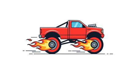 Red Monster Truck with Flames on Wheels, Cartoon Style © nad